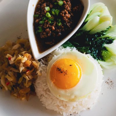 rice with egg, pickles, and vegetables